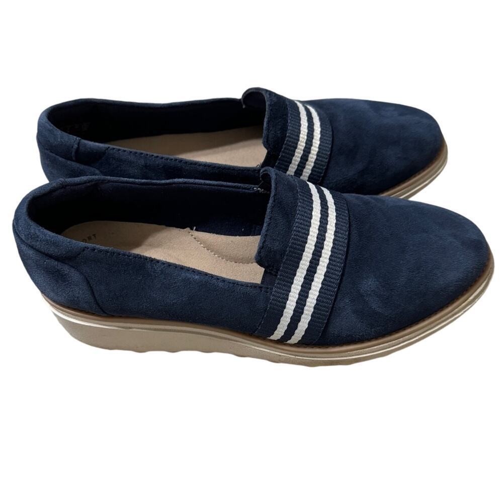 Clarks Sharon Bay Low Wedge Slip On Shoes Blue Size 6